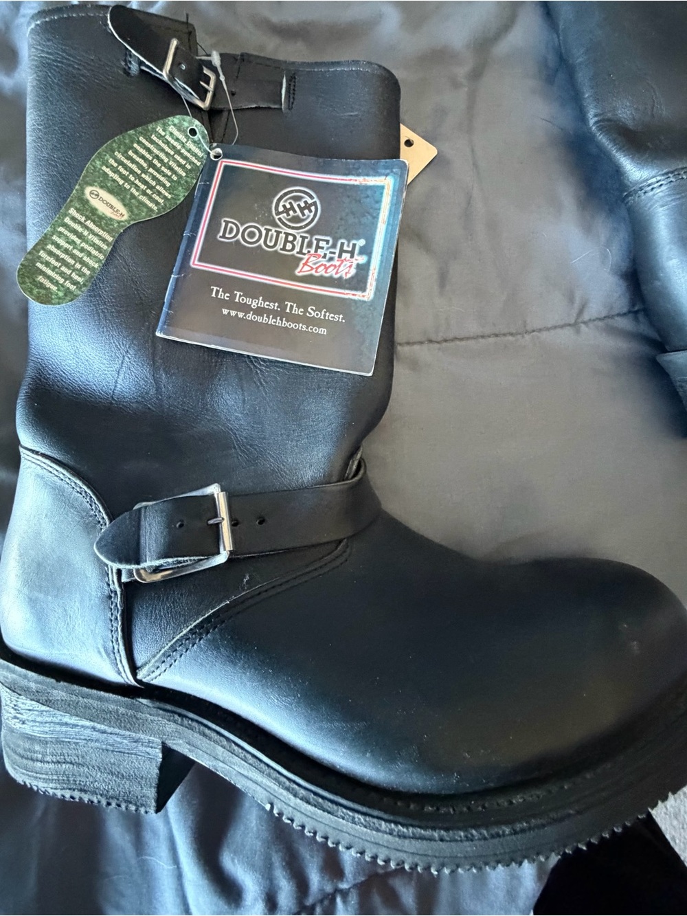 Double H Black Leather Engineer Moto Boot with Buckle - Picture 2 of 7